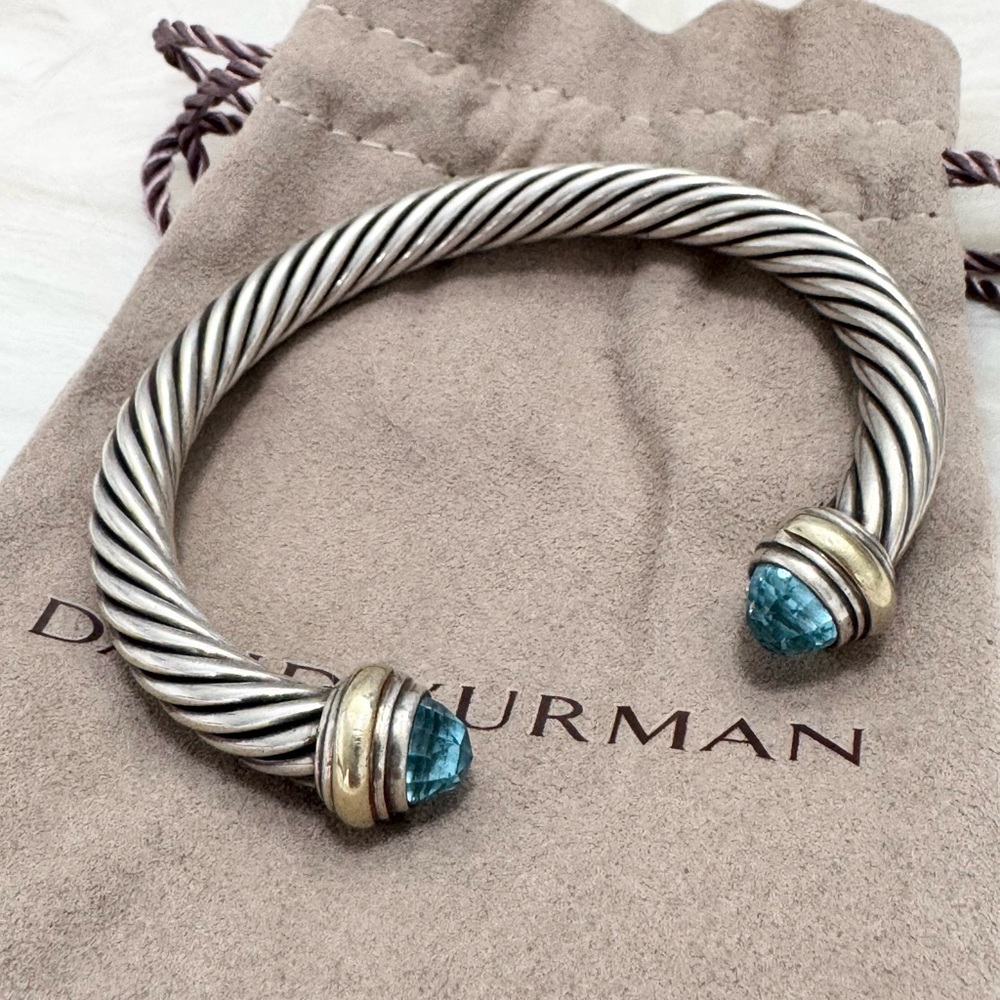 David Yurman 7mm Blue Topaz Cable Classic Cuff Bracelet .925/14K Gold - Picture 2 of 10
